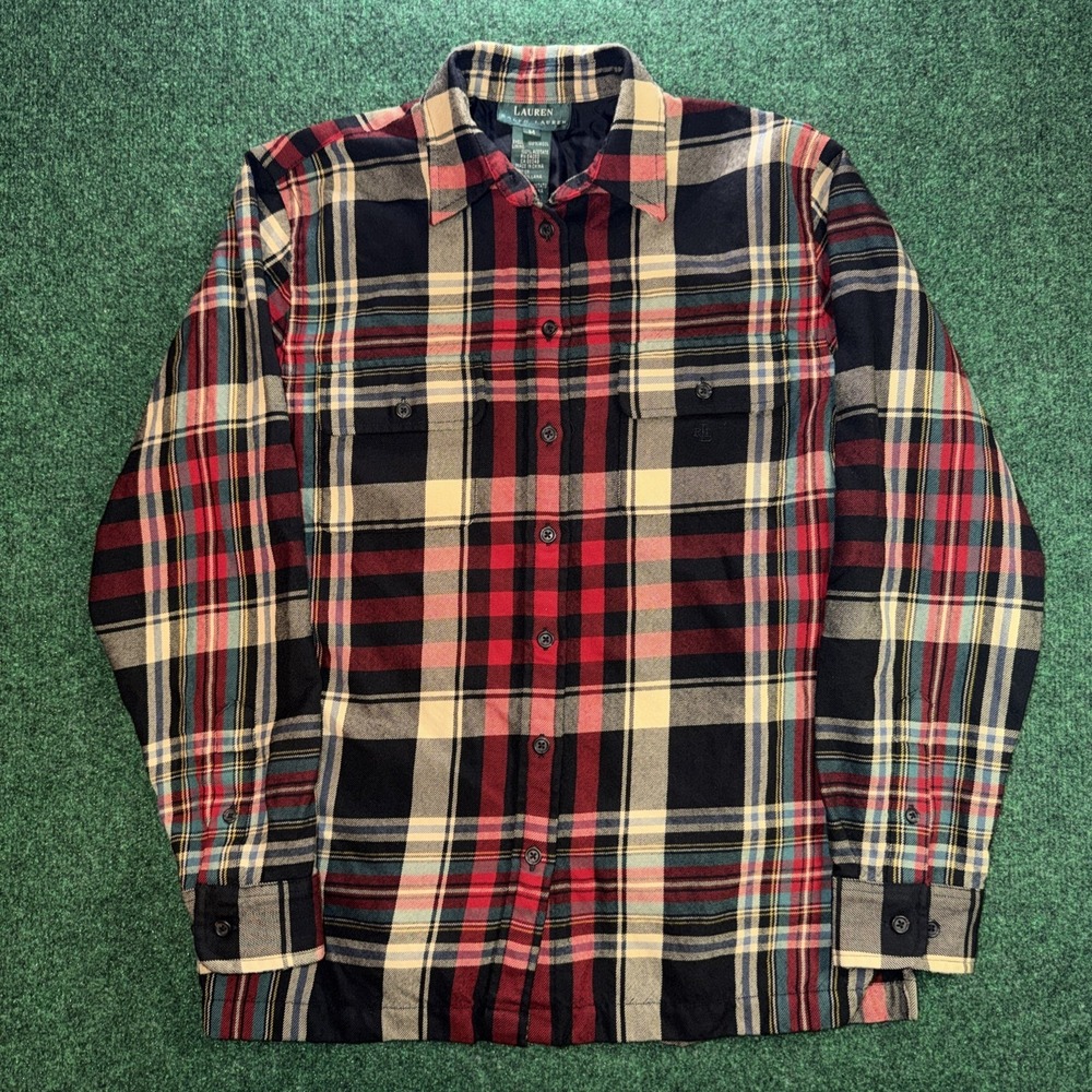 VTG Lauren Ralph Lauren Mens Medium Multicolor Plaid 100% Wool Shell Button Down